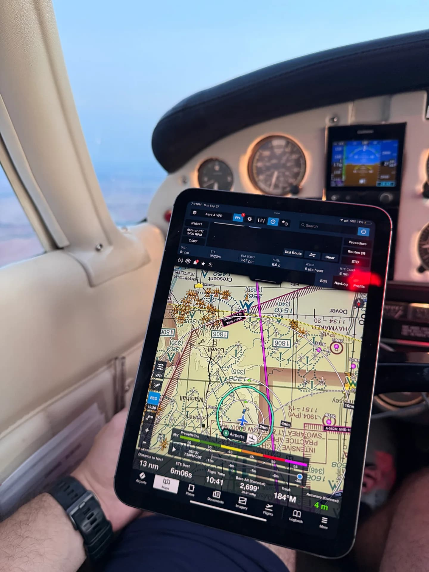 Front view of an iPad displaying a chart on the FlightPro yoke mount in the cockpit